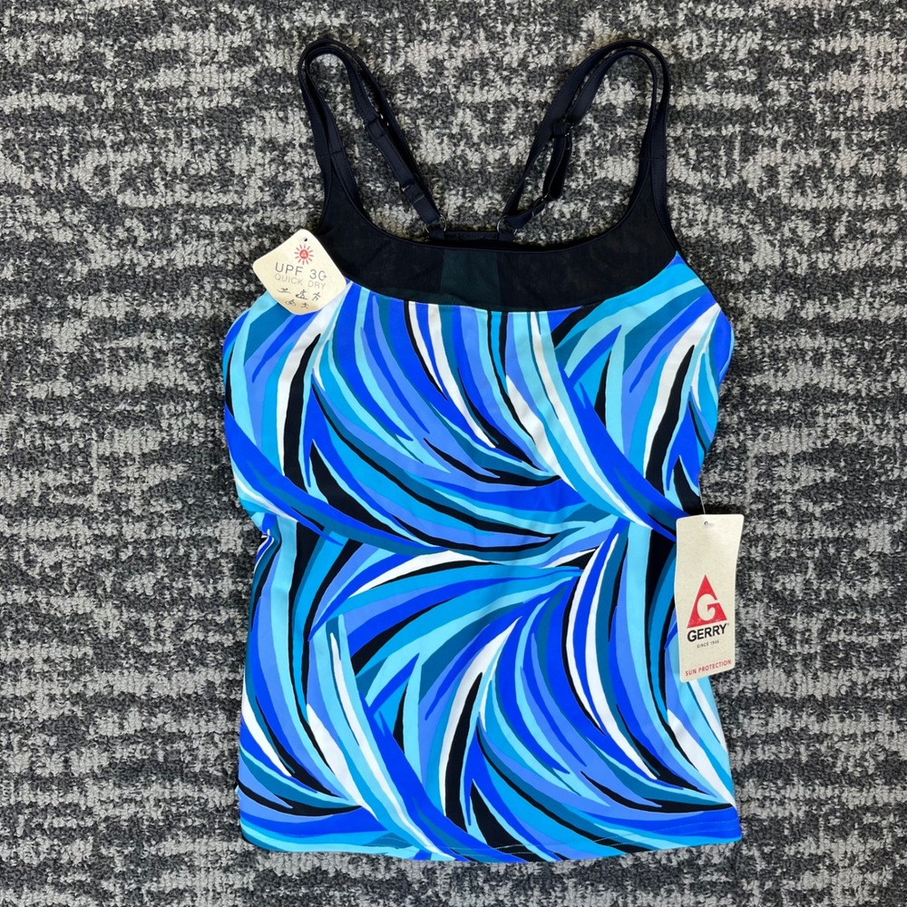 Gerry Tankini Swim Top Womens Small Blue Abstract UPF 30 Quick Dry Racerback